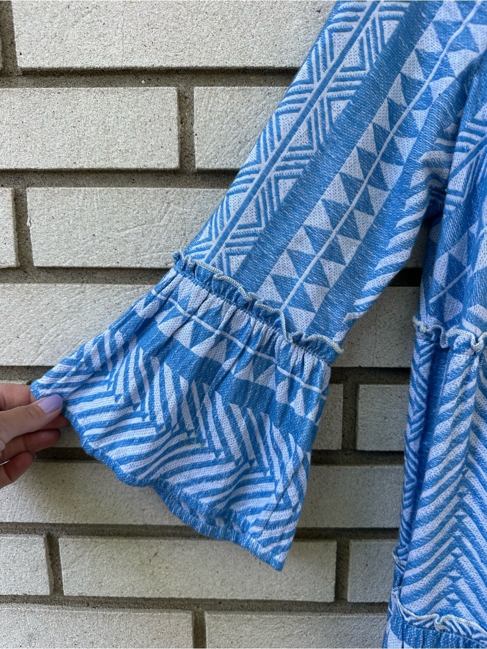Mud Pie Blue White Geometric Tiered Cotton Dress Boho Beachy Swing S - Picture 7 of 12